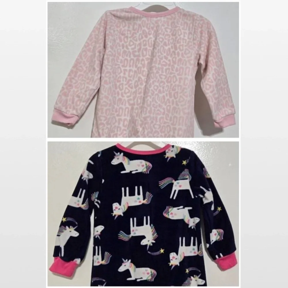 2 Footed Fleece Pajamas Girls 2T Animal Print Pink Leopard Cat & Blue Unicorn